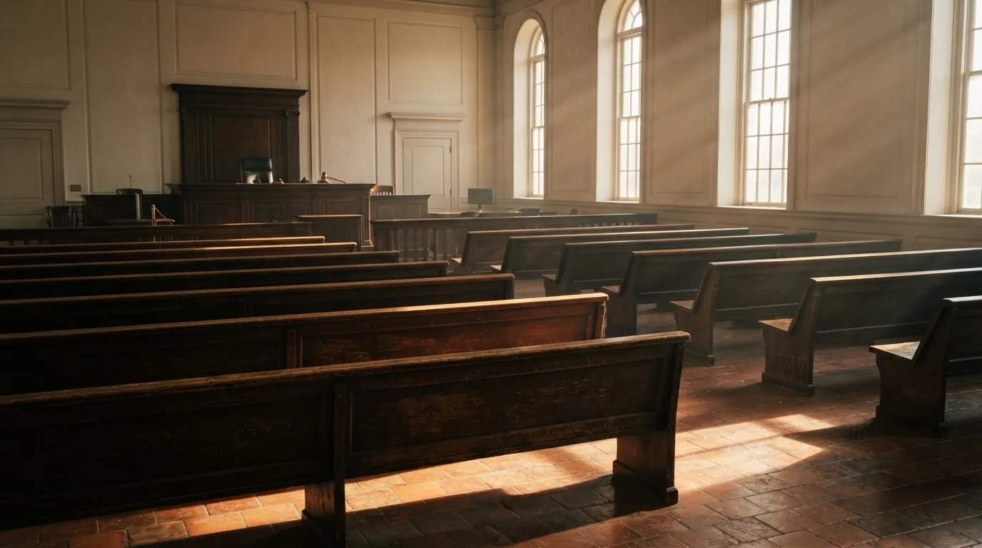 Een lege rechtszaal met houten banken in het ochtendlicht