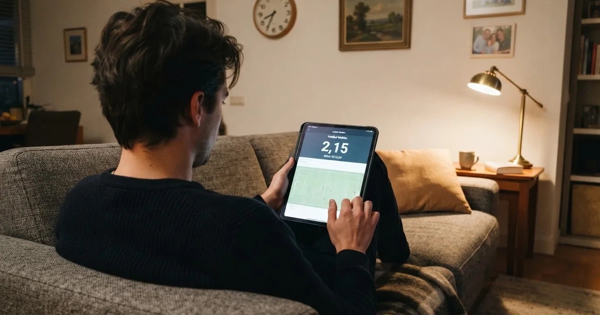 Een persoon op de bank kijkt peinzend naar een tablet, op de achtergrond een klok aan de muur