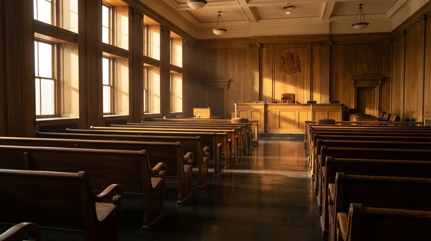Een lege rechtszaal met houten banken in het ochtendlicht