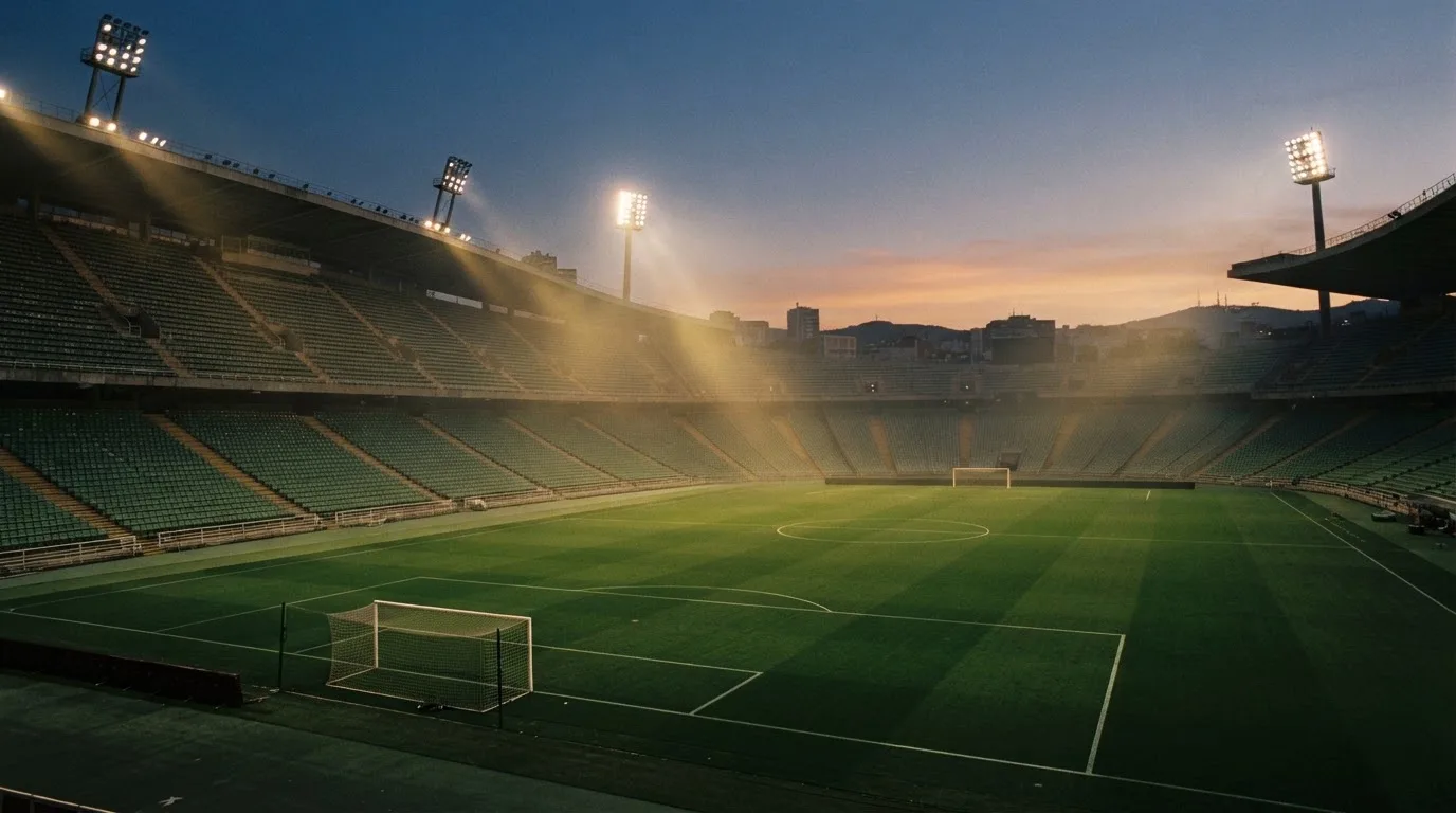 Een leeg voetbalstadion met lichtmasten bij schemering