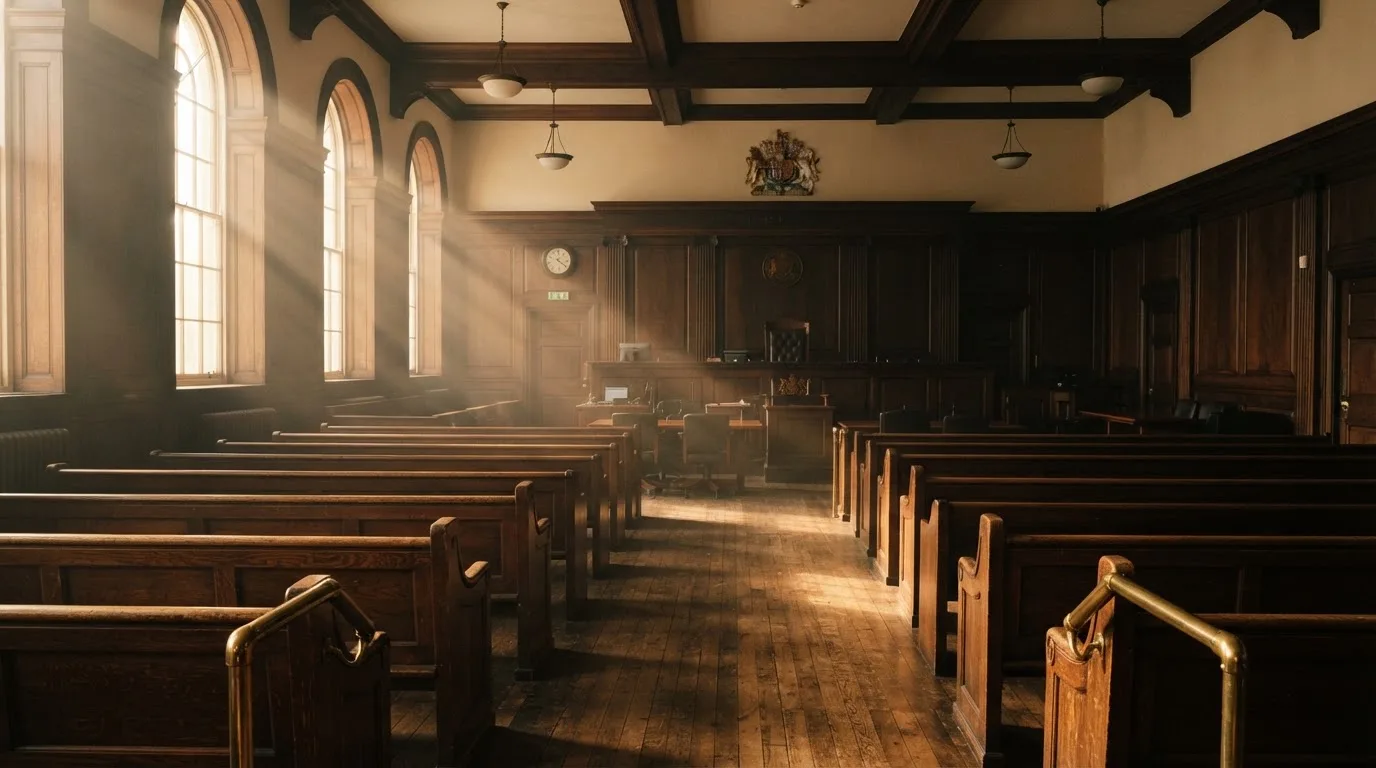 Een lege rechtszaal met houten banken in het ochtendlicht