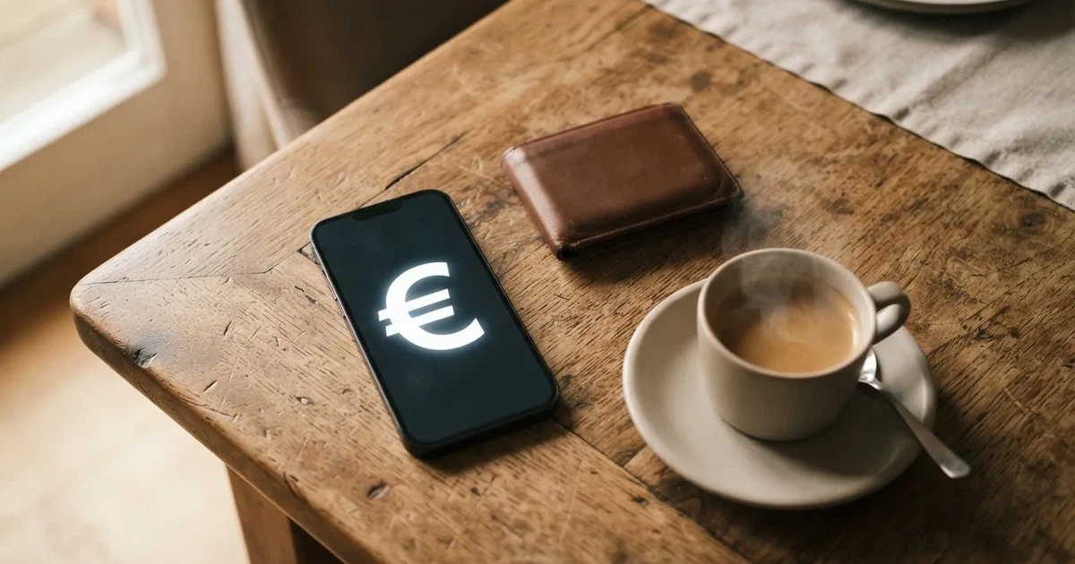 Een smartphone op een houten tafel naast een portemonnee en een kopje koffie