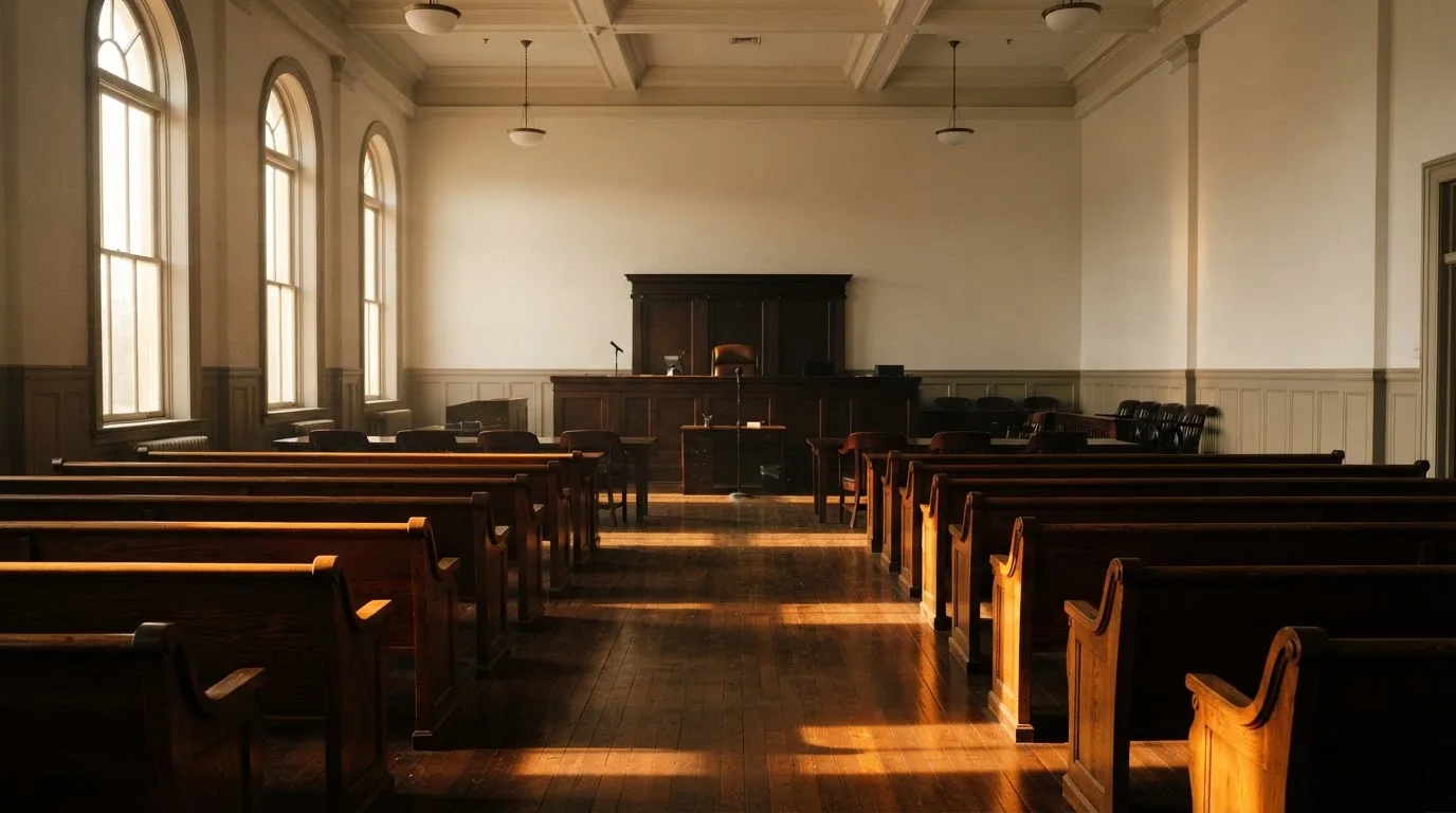 Een lege rechtszaal met houten banken in het ochtendlicht