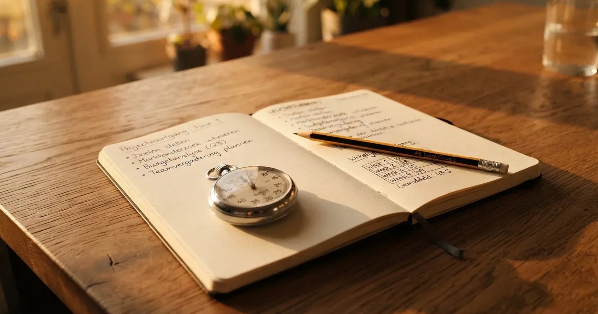 Een opengeslagen notitieboek met een potlood en een stopwatch op een houten tafel