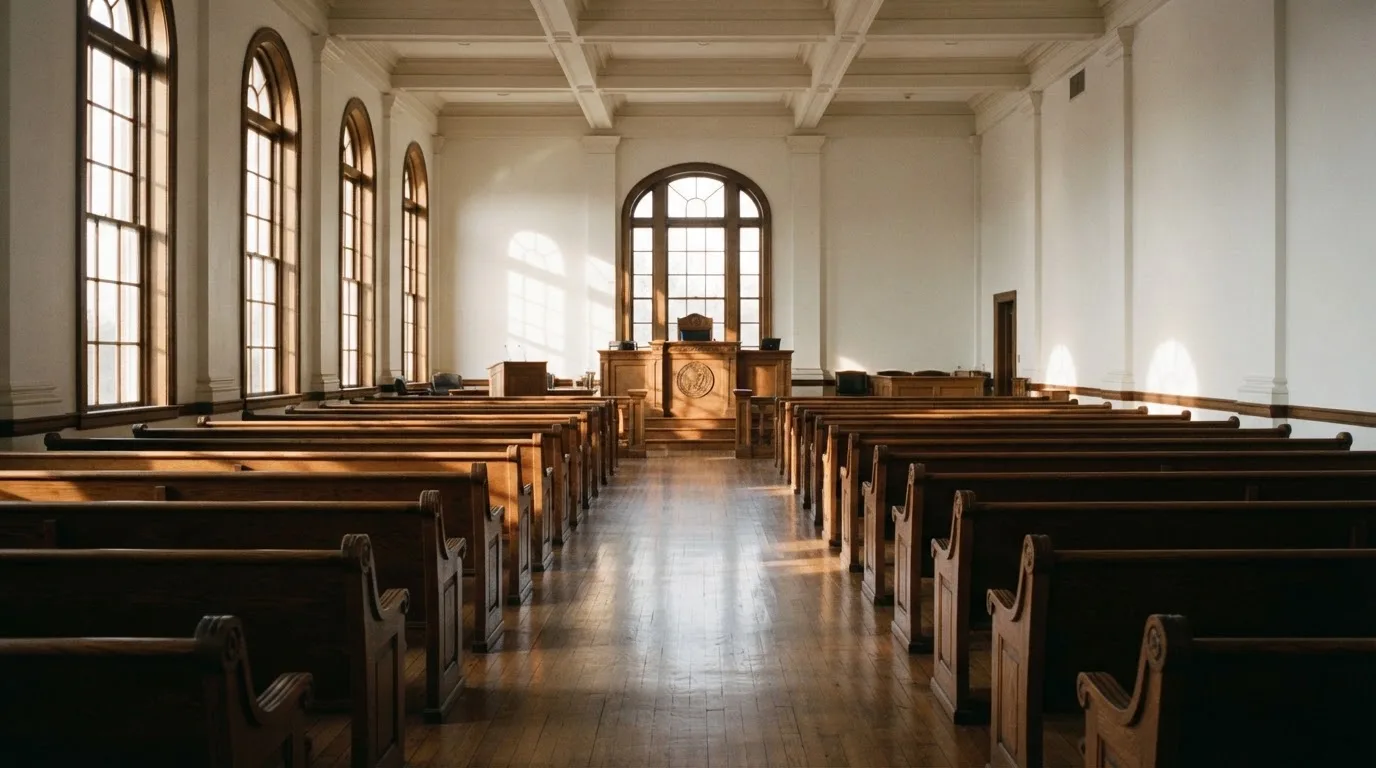 Een lege rechtszaal met houten banken in het ochtendlicht