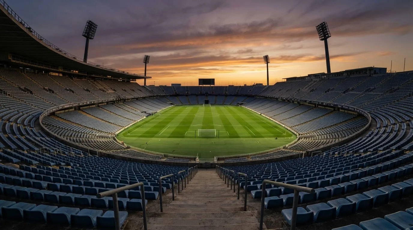 Een leeg voetbalstadion met lichtmasten bij schemering