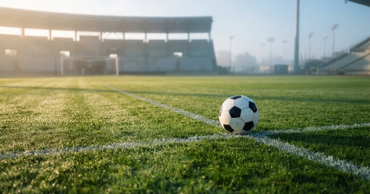 Een voetbal op de middenstip van een grasveld in het ochtendlicht