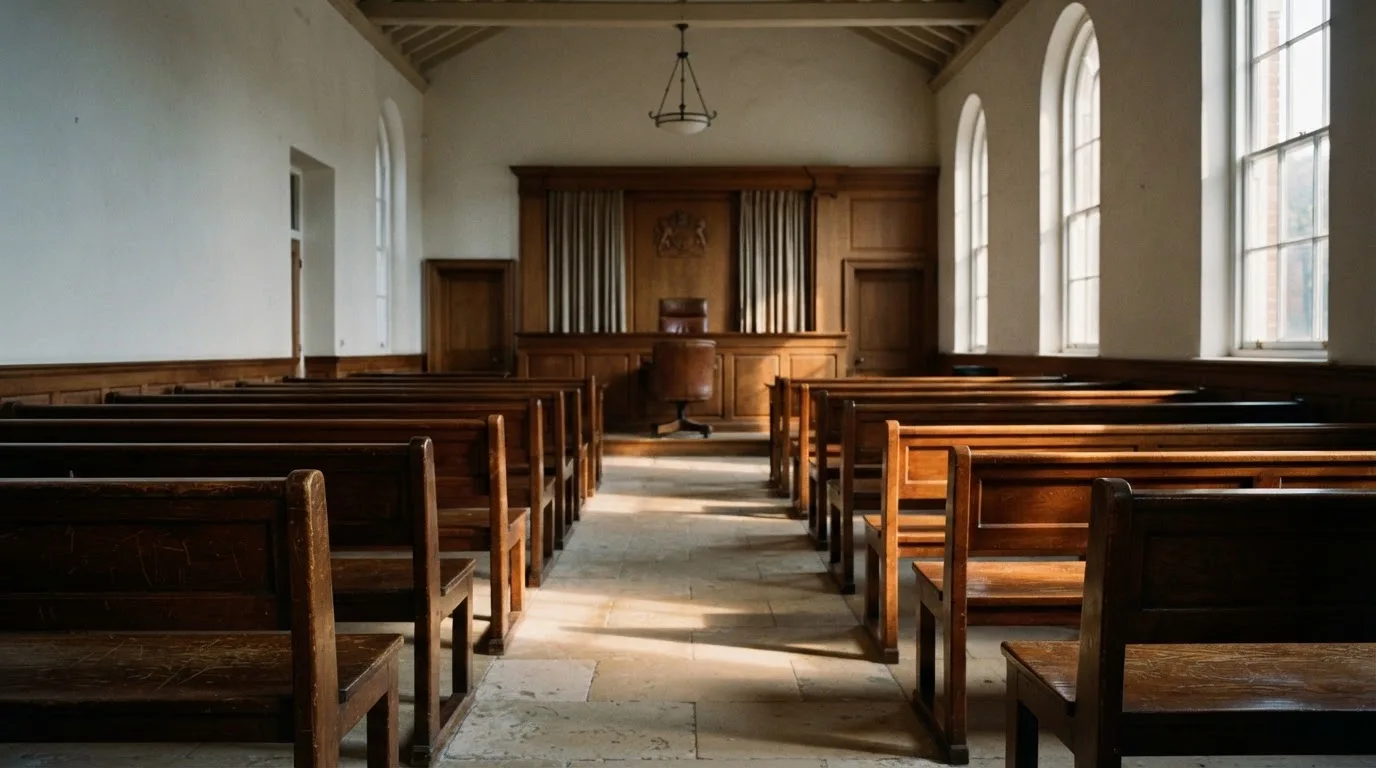 Een lege rechtszaal met houten banken in het ochtendlicht
