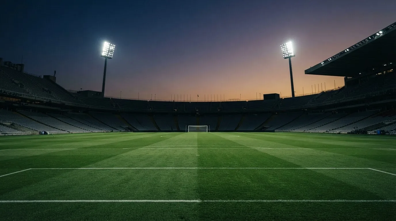 Een leeg voetbalstadion met lichtmasten bij schemering