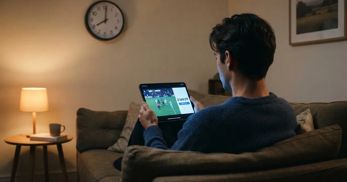 Een persoon op de bank kijkt peinzend naar een tablet, op de achtergrond een klok aan de muur