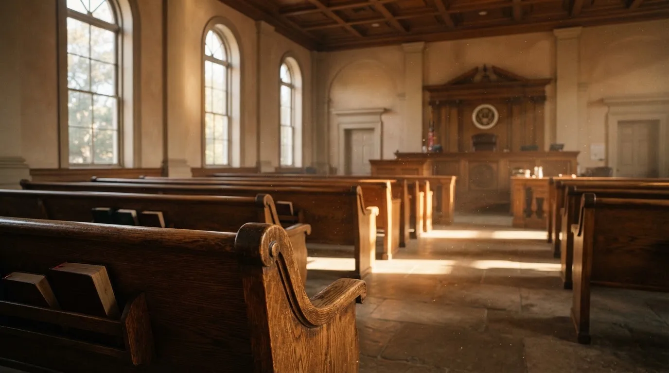 Een lege rechtszaal met houten banken in het ochtendlicht