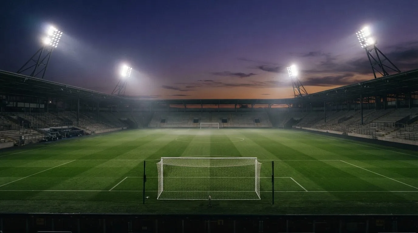 Een leeg voetbalstadion met lichtmasten bij schemering