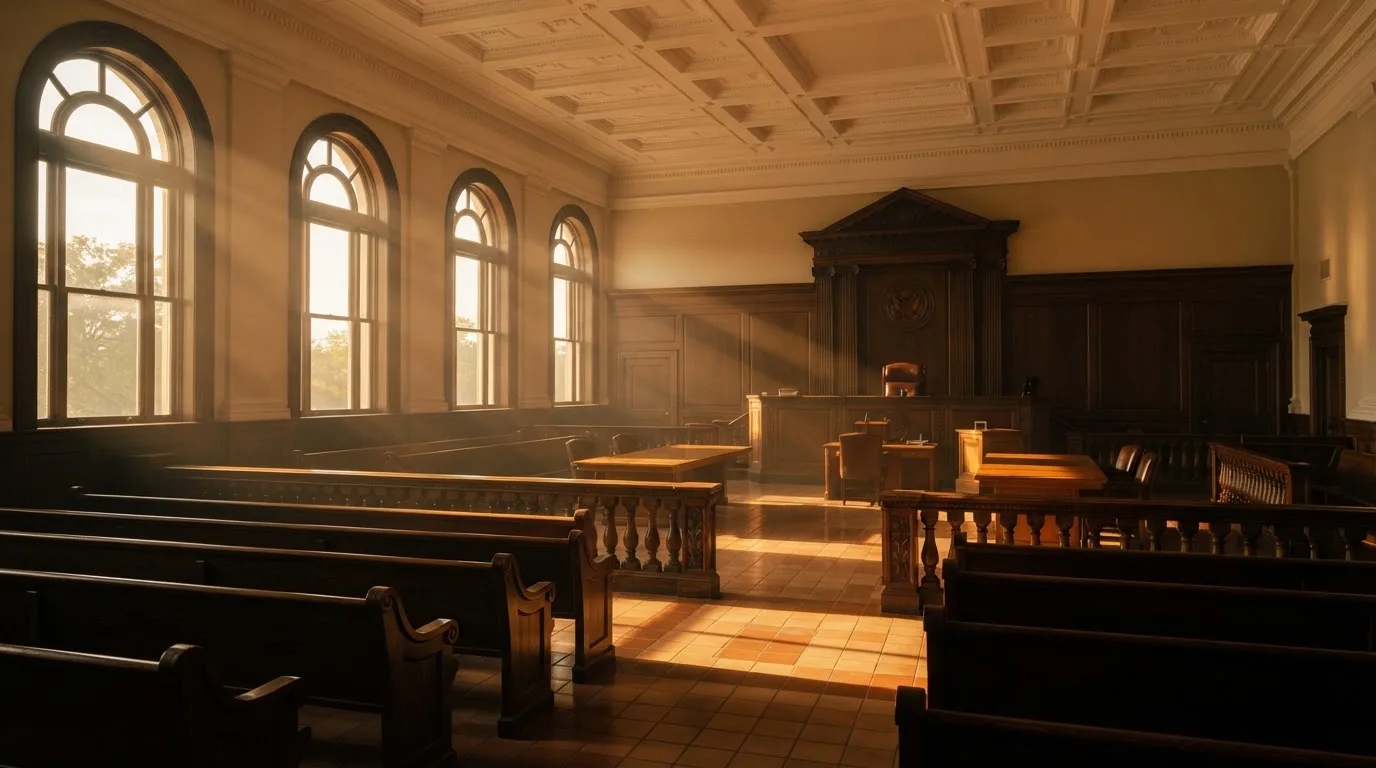 Een lege rechtszaal met houten banken in het ochtendlicht