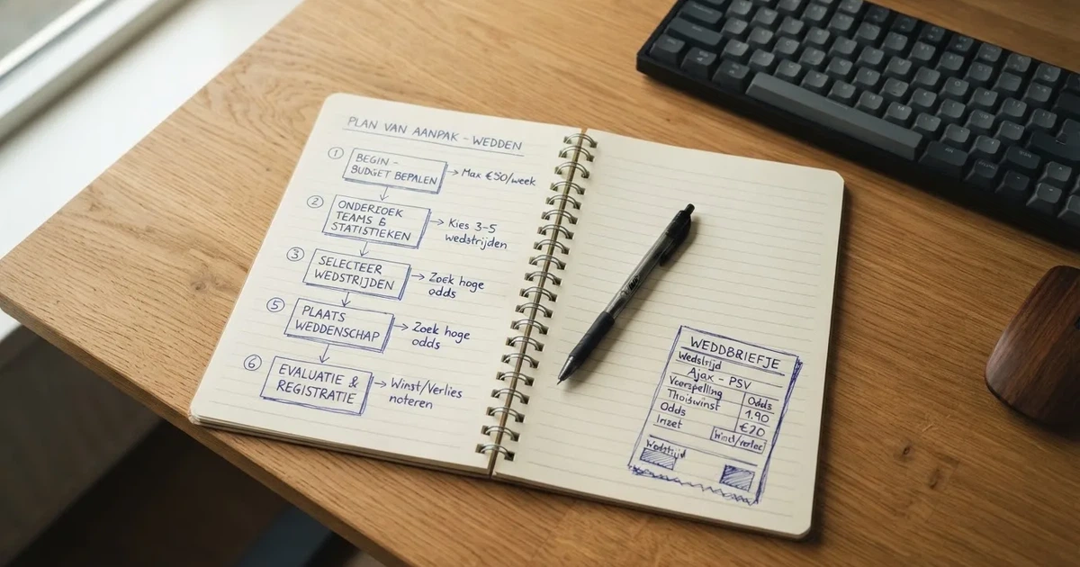 Een notitieblok met een met de hand getekend stappenplan naast een toetsenbord