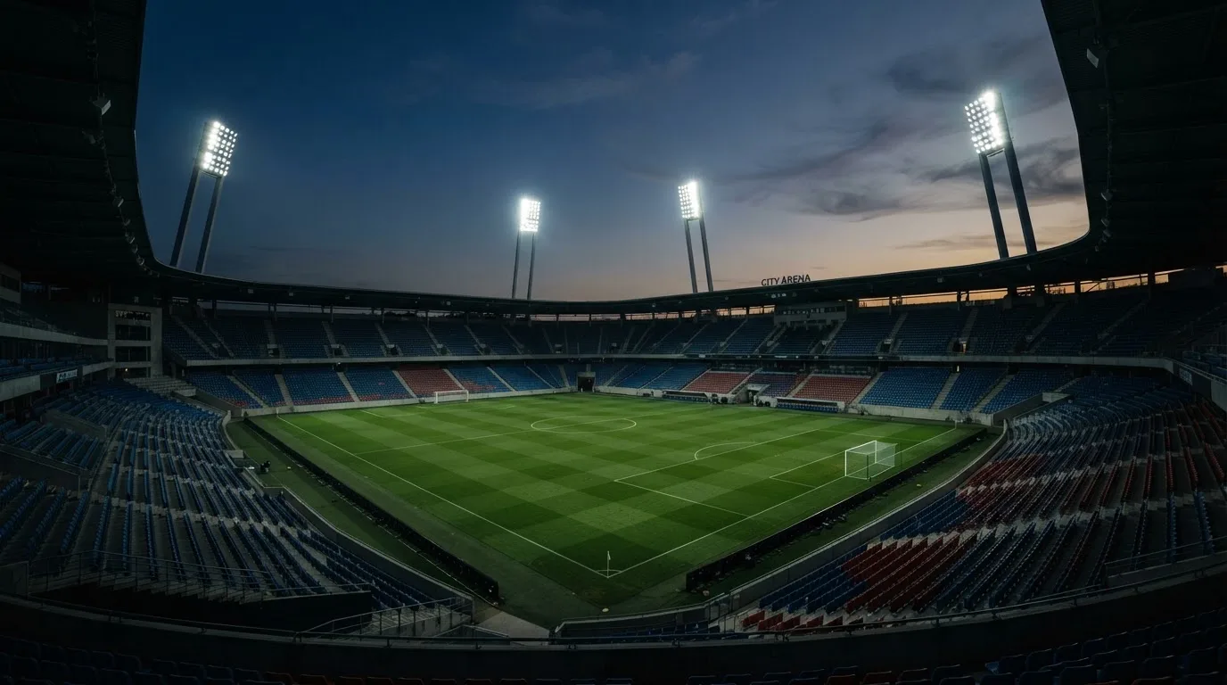 Een leeg voetbalstadion met lichtmasten bij schemering