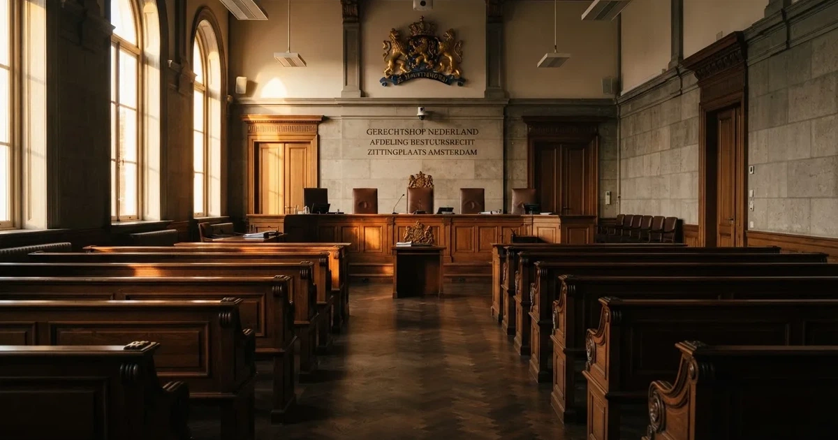 Een lege rechtszaal met houten banken in het ochtendlicht