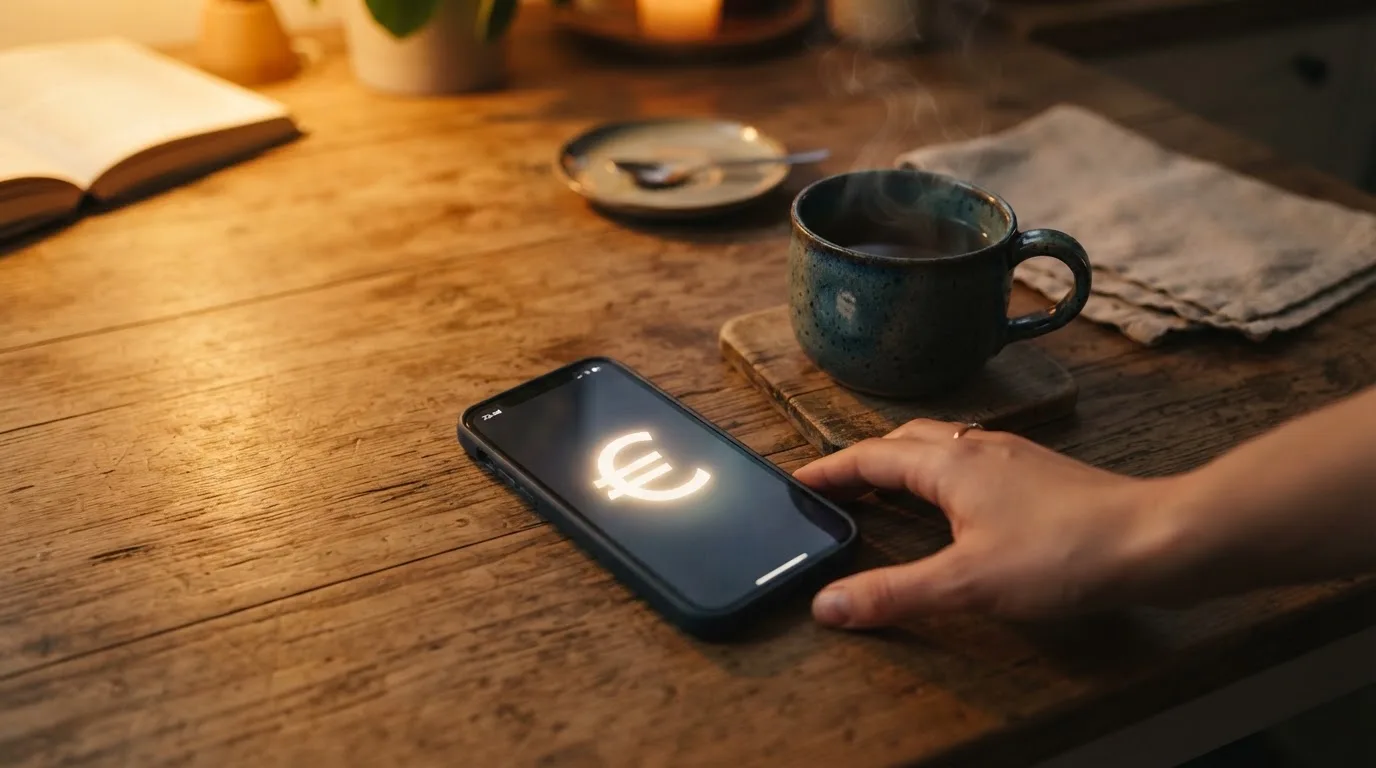 Een hand legt een smartphone naast een kopje thee op een keukentafel, een rustige avond