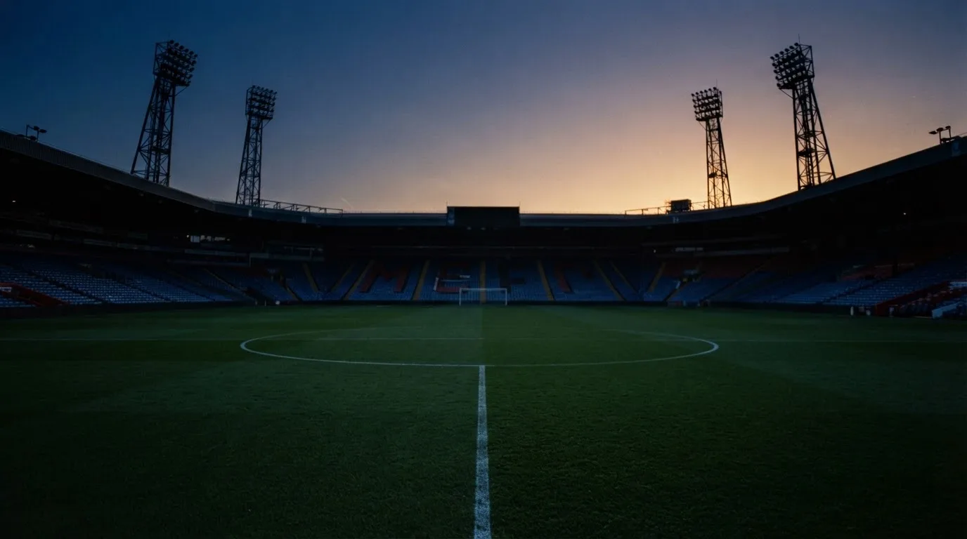 Een leeg voetbalstadion met lichtmasten bij schemering