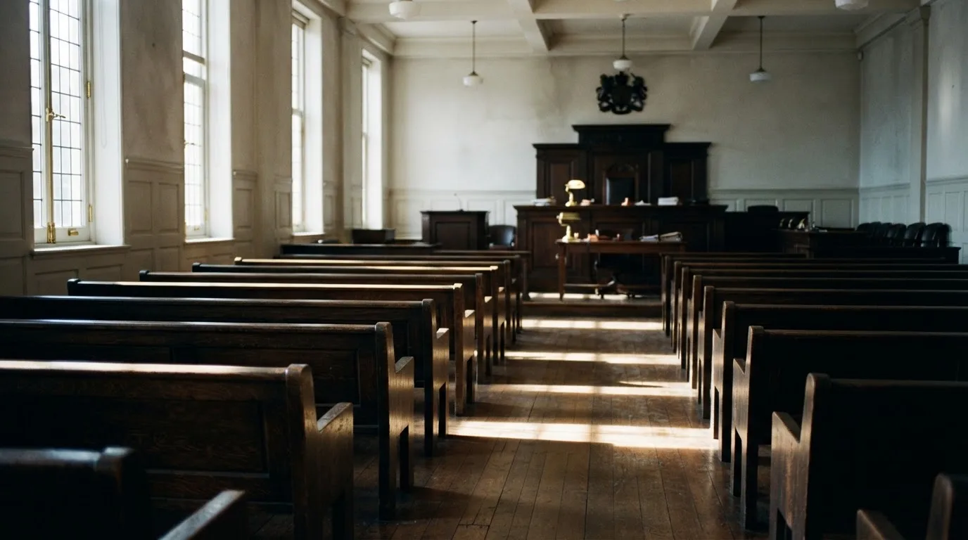 Een lege rechtszaal met houten banken in het ochtendlicht