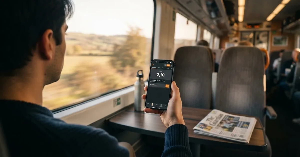 Een hand houdt een smartphone vast in de trein, het scherm van de camera afgewend