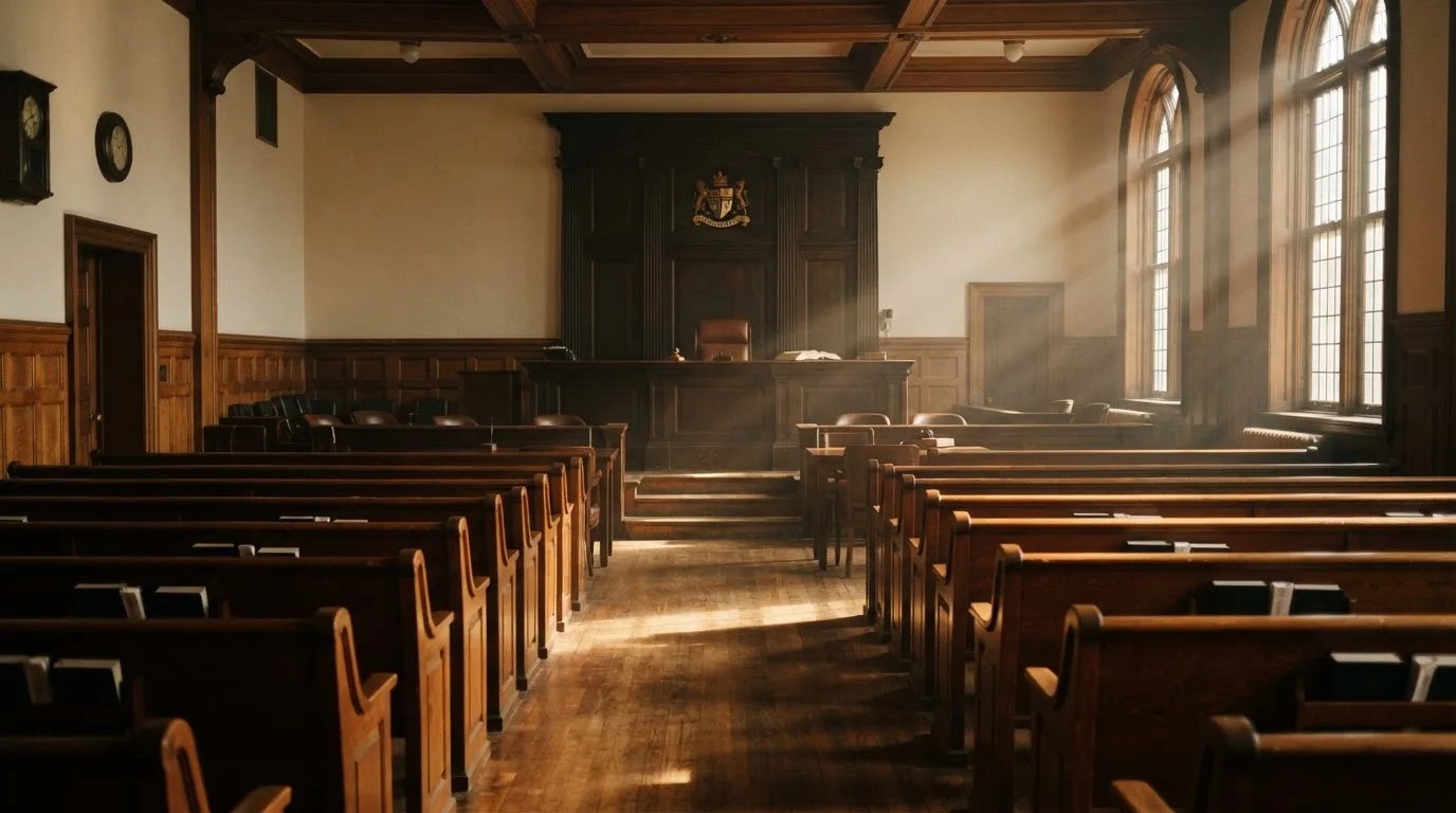 Een lege rechtszaal met houten banken in het ochtendlicht