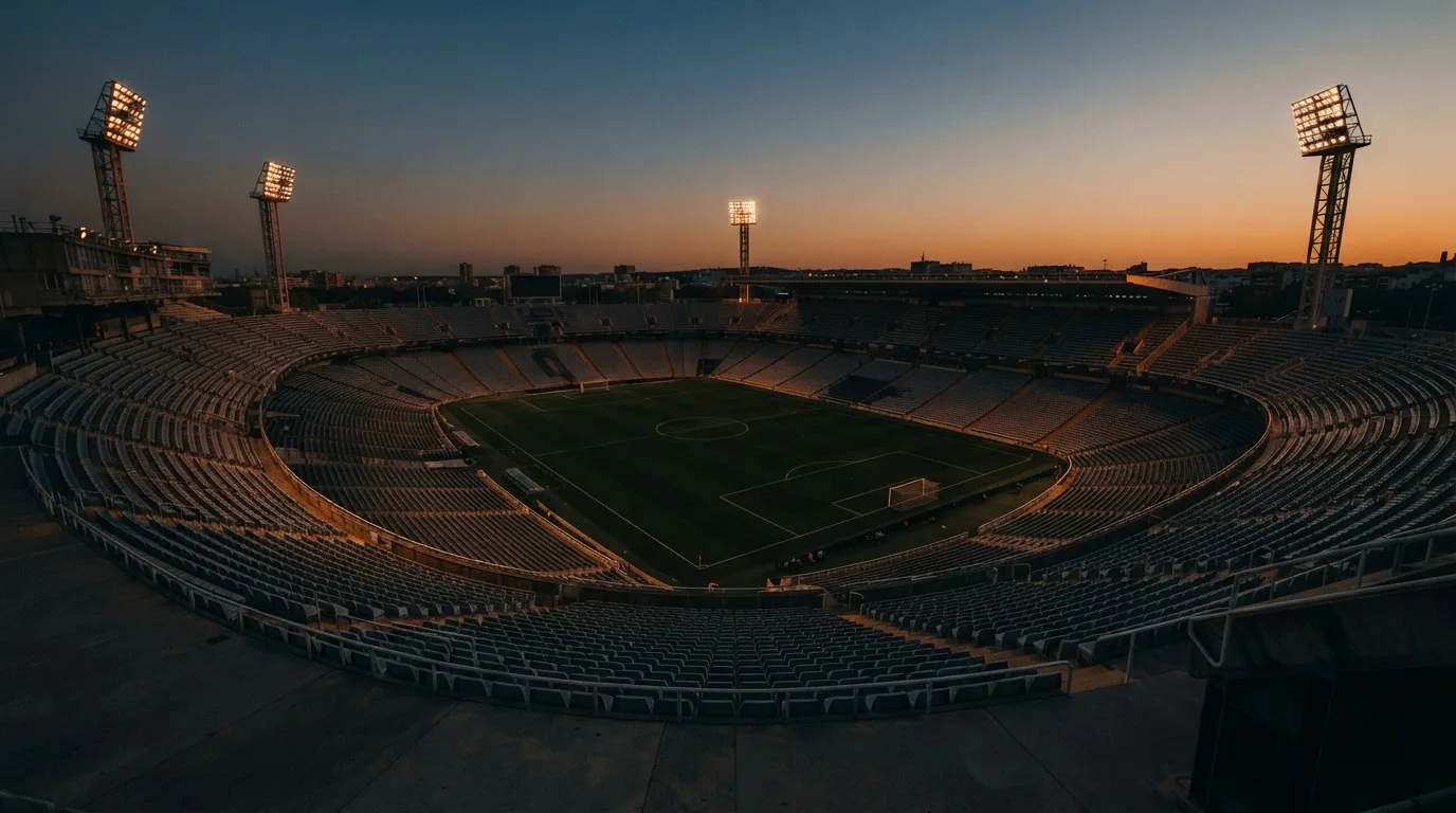 Een leeg voetbalstadion met lichtmasten bij schemering