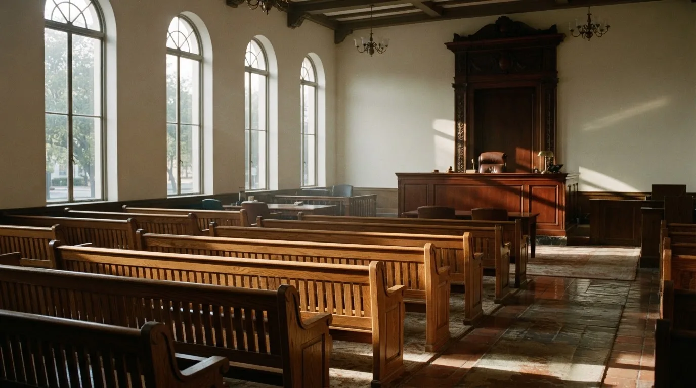 Een lege rechtszaal met houten banken in het ochtendlicht