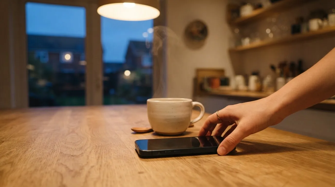 Een hand legt een smartphone naast een kopje thee op een keukentafel, een rustige avond