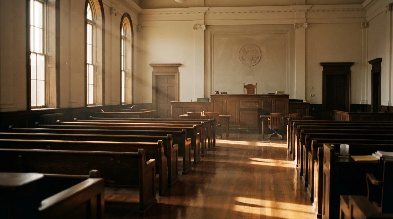Een lege rechtszaal met houten banken in het ochtendlicht