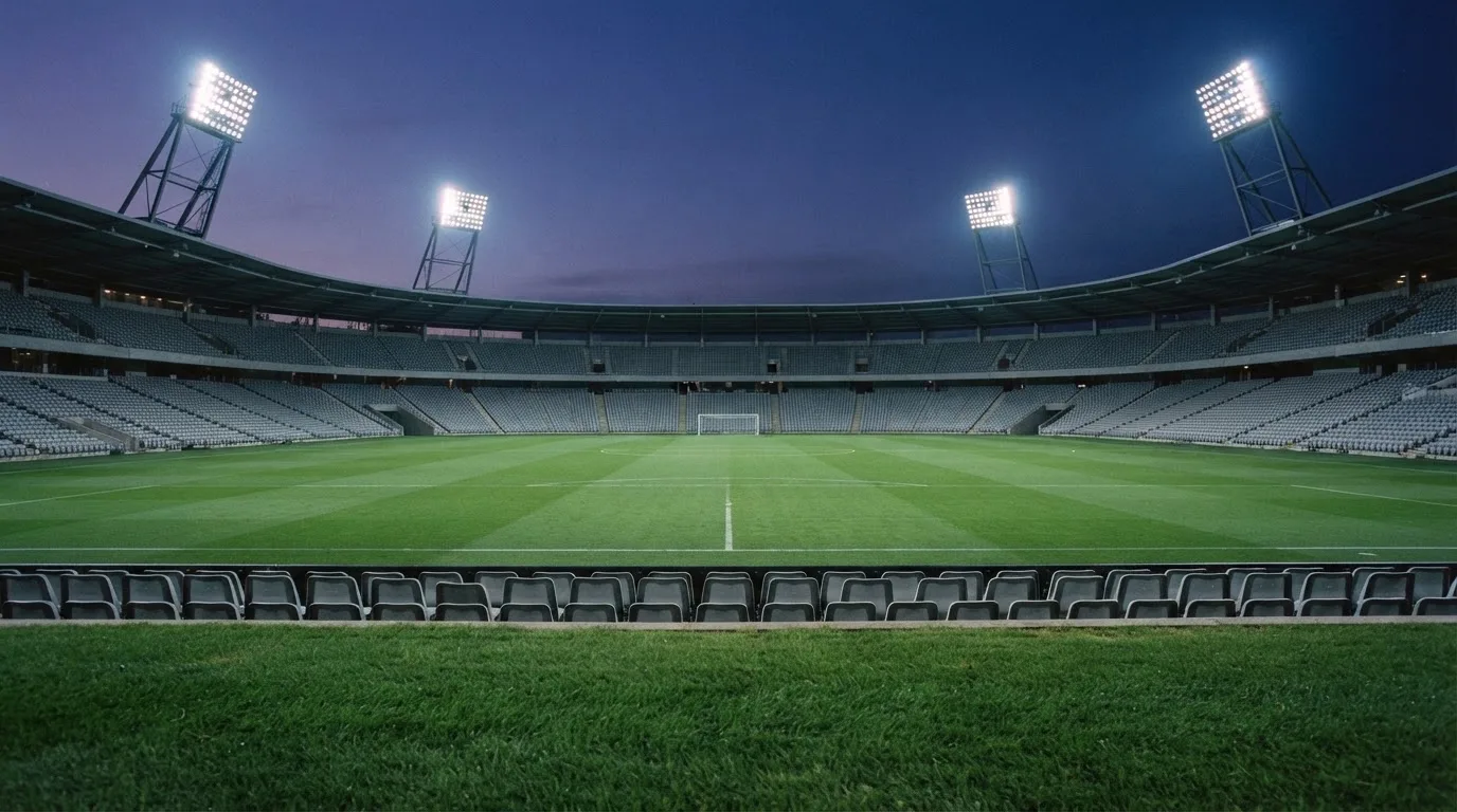 Een leeg voetbalstadion met lichtmasten bij schemering