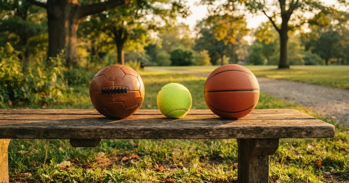 Drie ballen van verschillende soorten naast elkaar op een houten bank
