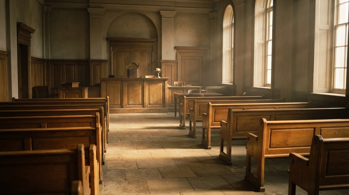Een lege rechtszaal met houten banken in het ochtendlicht