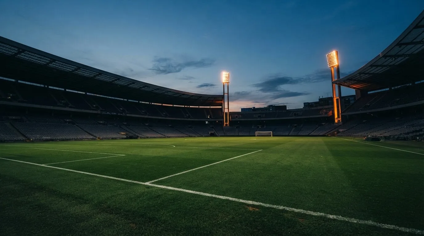 Een leeg voetbalstadion met lichtmasten bij schemering