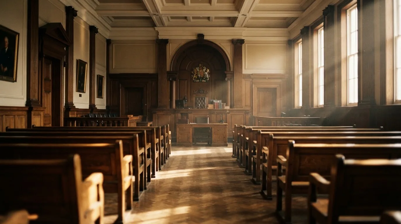 Een lege rechtszaal met houten banken in het ochtendlicht