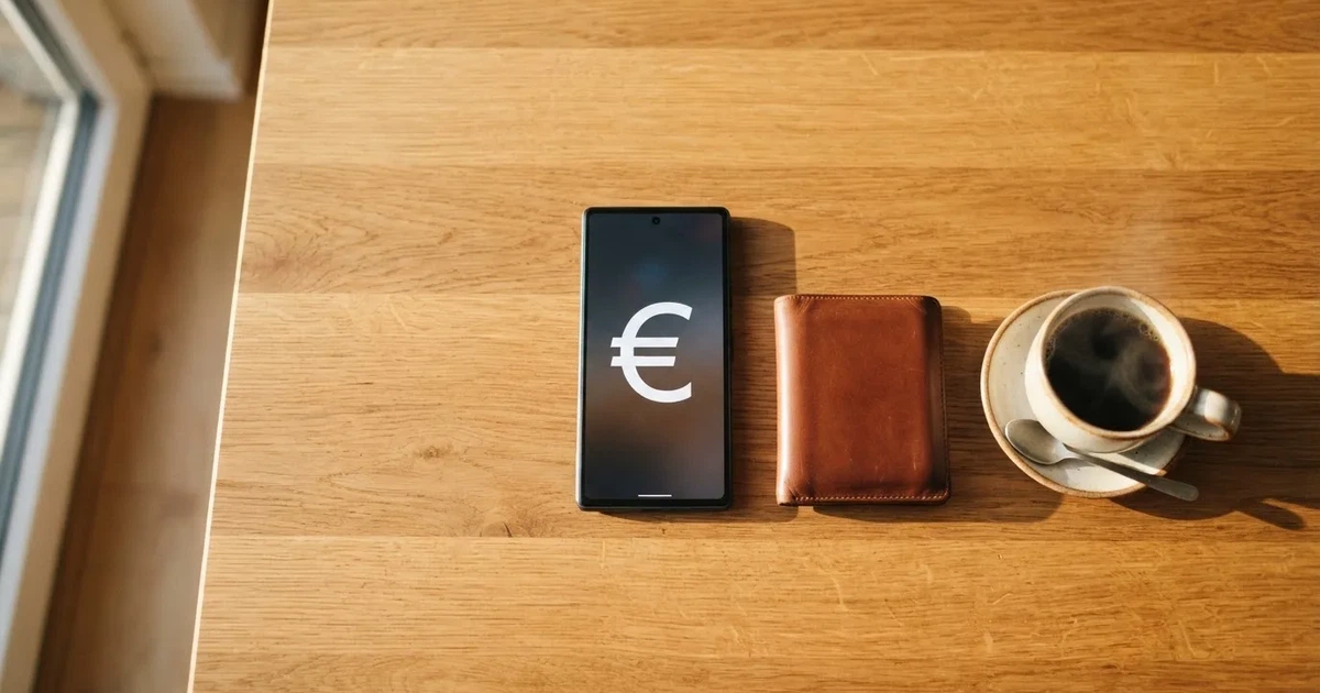 Een smartphone op een houten tafel naast een portemonnee en een kopje koffie