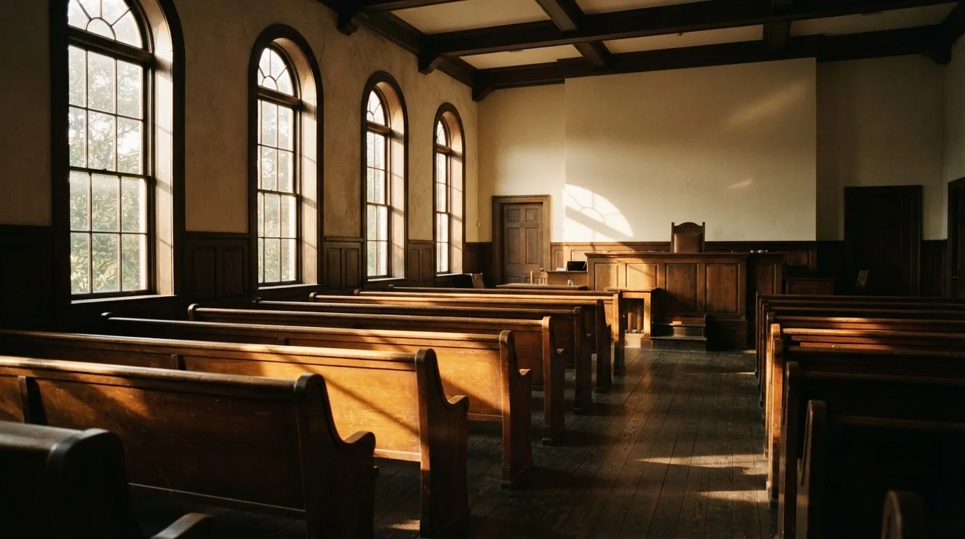 Een lege rechtszaal met houten banken in het ochtendlicht