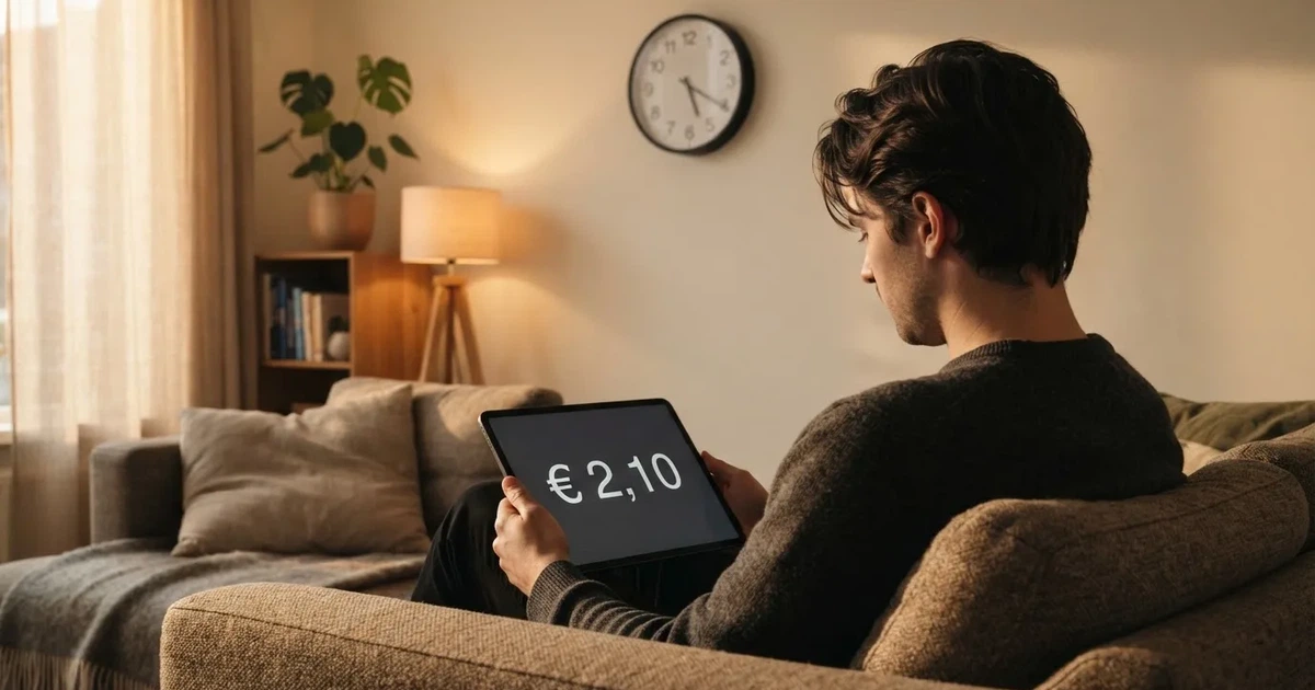 Een persoon op de bank kijkt peinzend naar een tablet, op de achtergrond een klok aan de muur