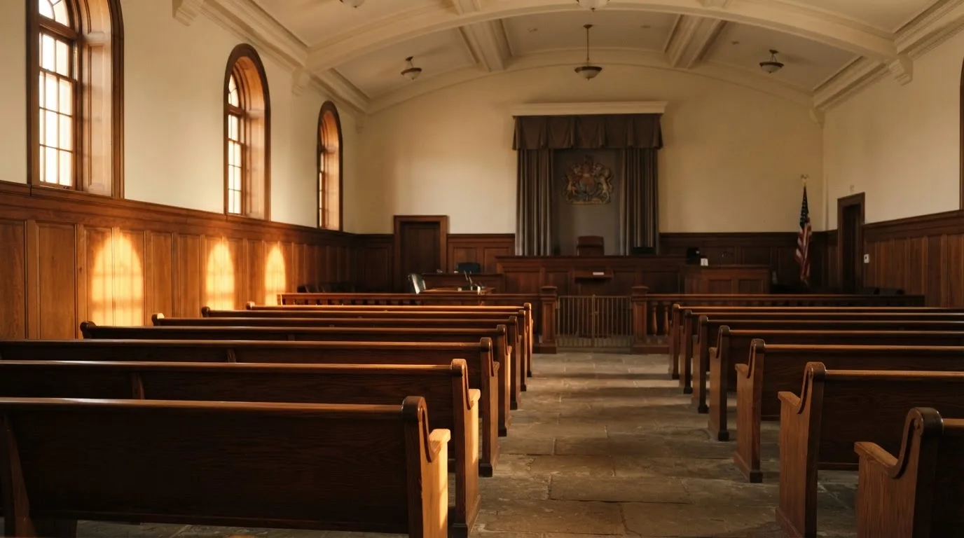 Een lege rechtszaal met houten banken in het ochtendlicht