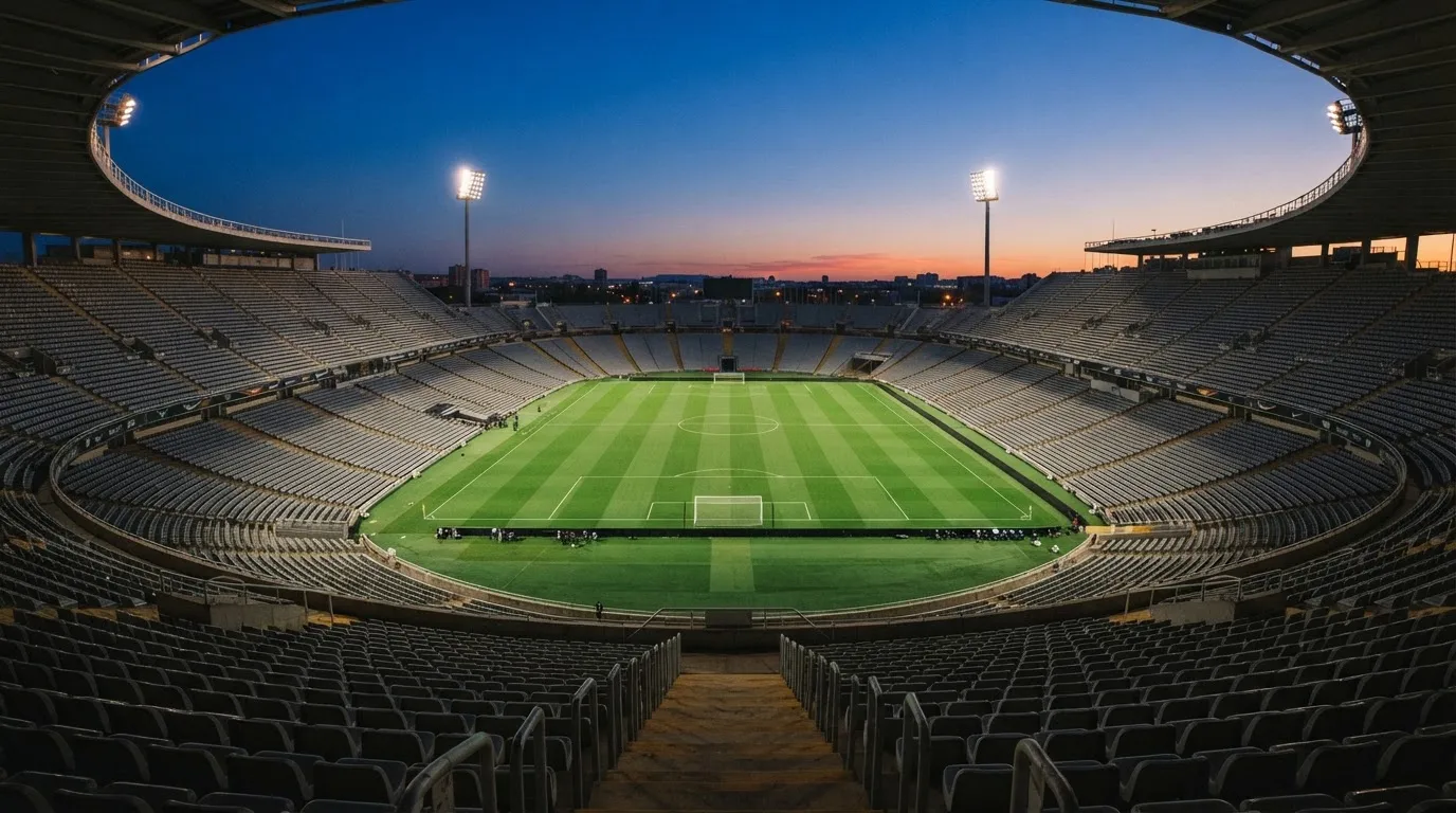 Een leeg voetbalstadion met lichtmasten bij schemering