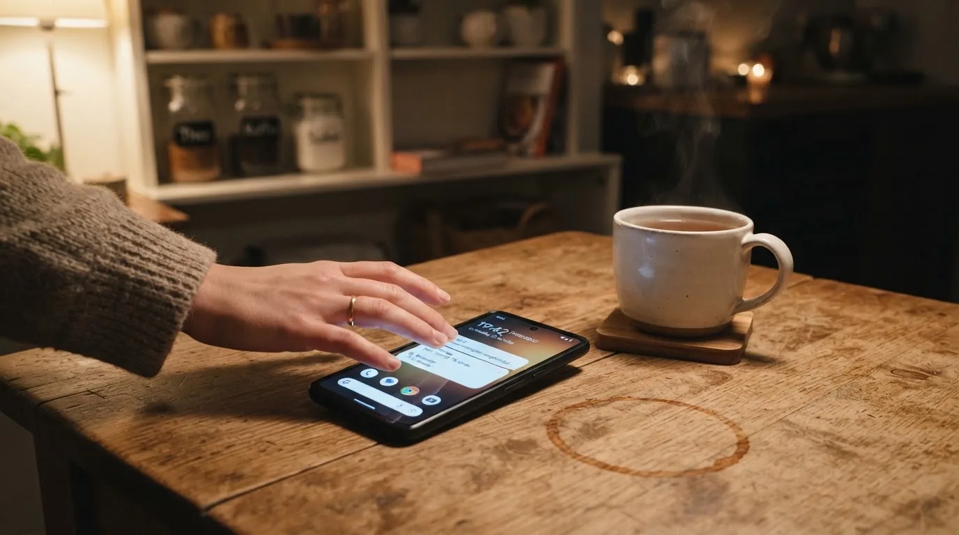 Een hand legt een smartphone naast een kopje thee op een keukentafel, een rustige avond