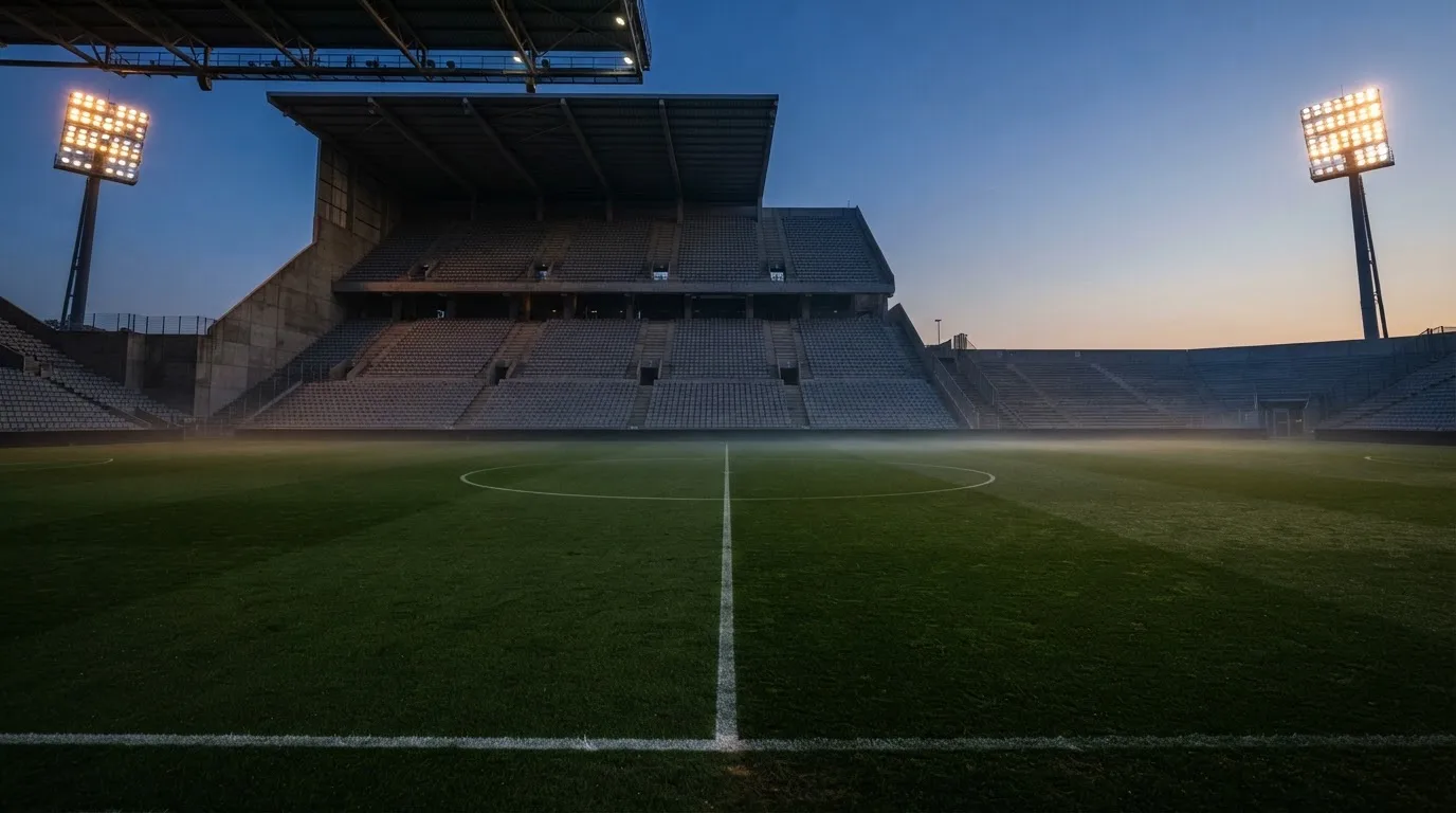 Een leeg voetbalstadion met lichtmasten bij schemering