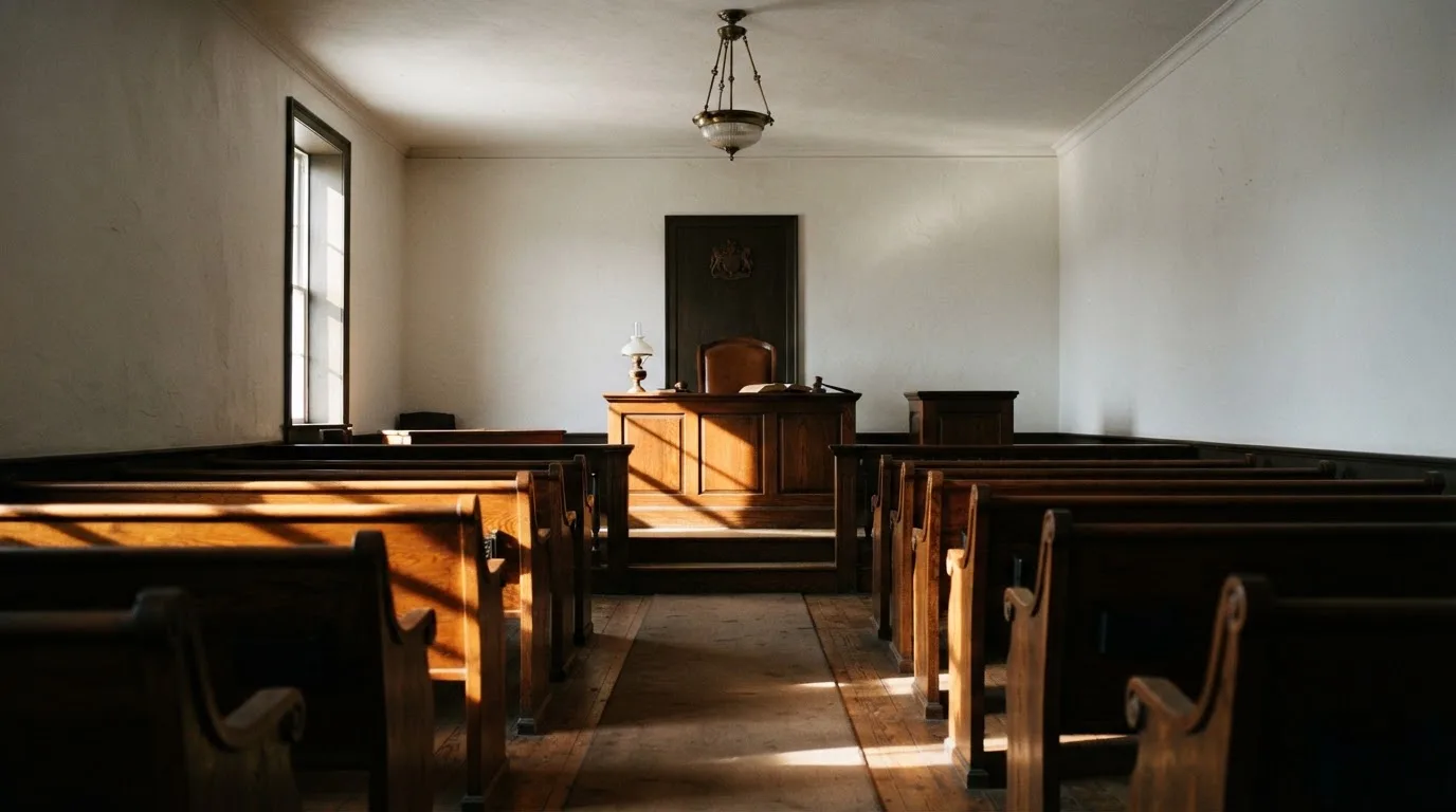 Een lege rechtszaal met houten banken in het ochtendlicht