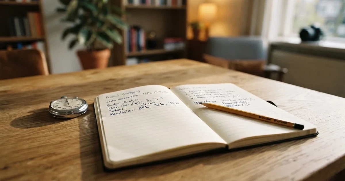 Een opengeslagen notitieboek met een potlood en een stopwatch op een houten tafel