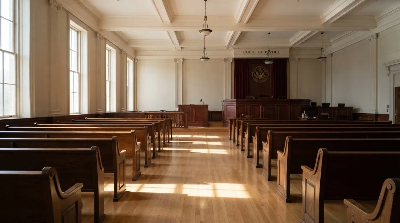 Een lege rechtszaal met houten banken in het ochtendlicht