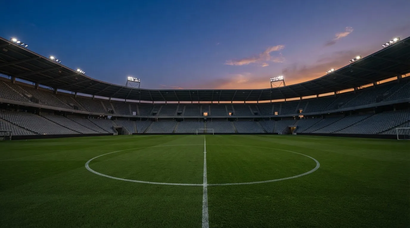 Een leeg voetbalstadion met lichtmasten bij schemering