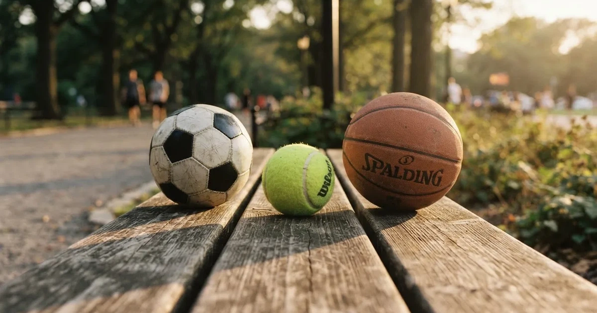 Drie ballen van verschillende soorten naast elkaar op een houten bank