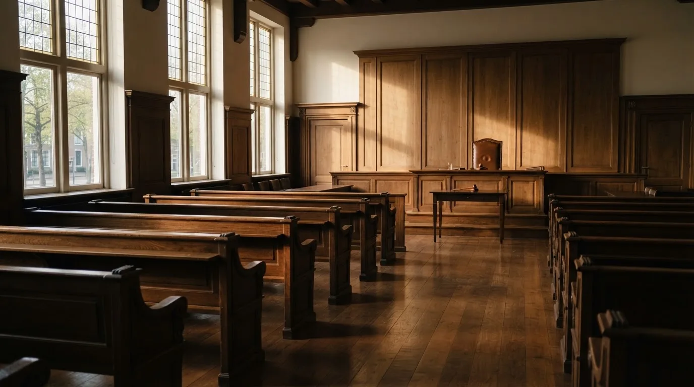 Een lege rechtszaal met houten banken in het ochtendlicht