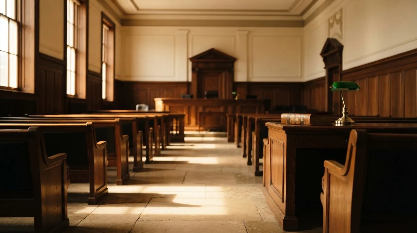 Een lege rechtszaal met houten banken in het ochtendlicht