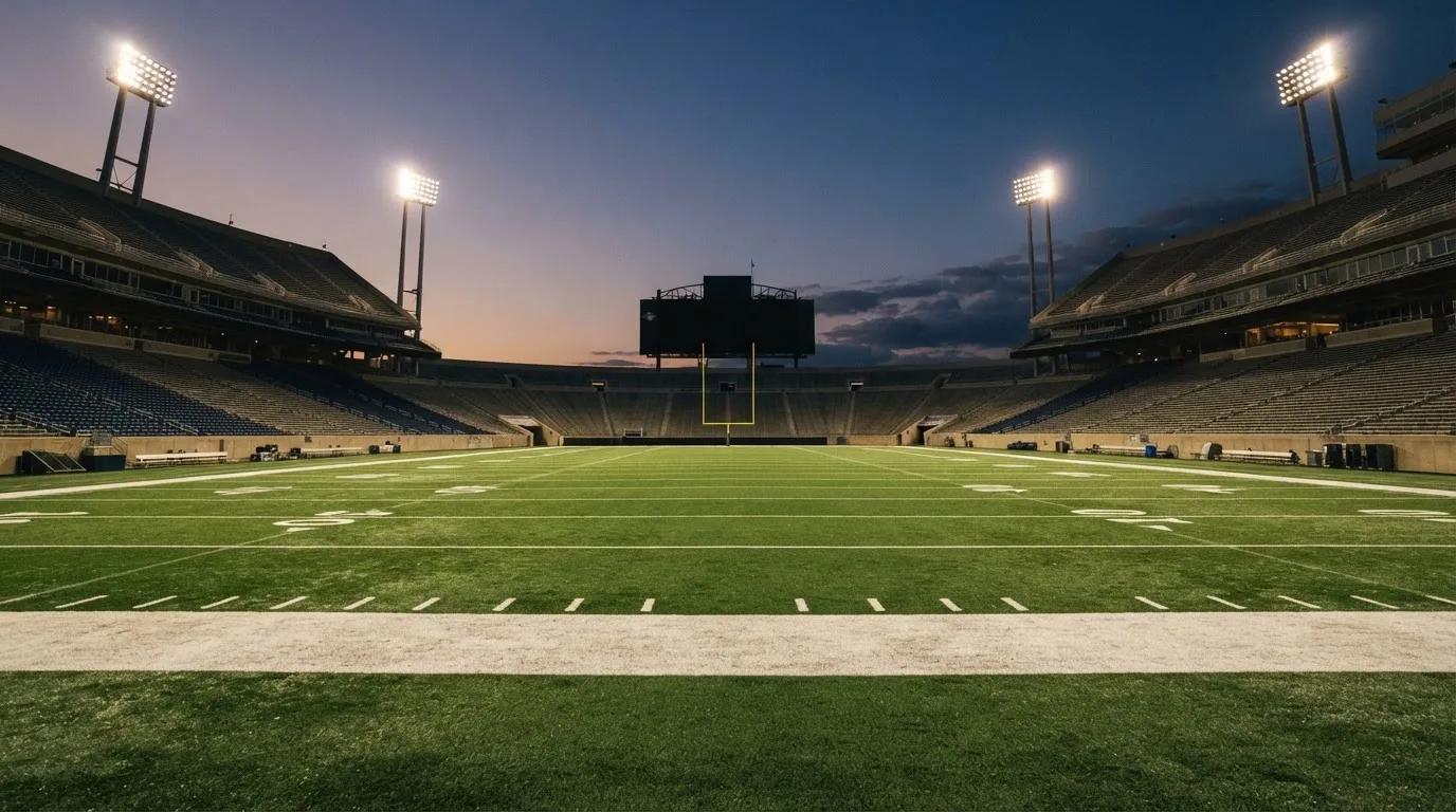 Een leeg voetbalstadion met lichtmasten bij schemering