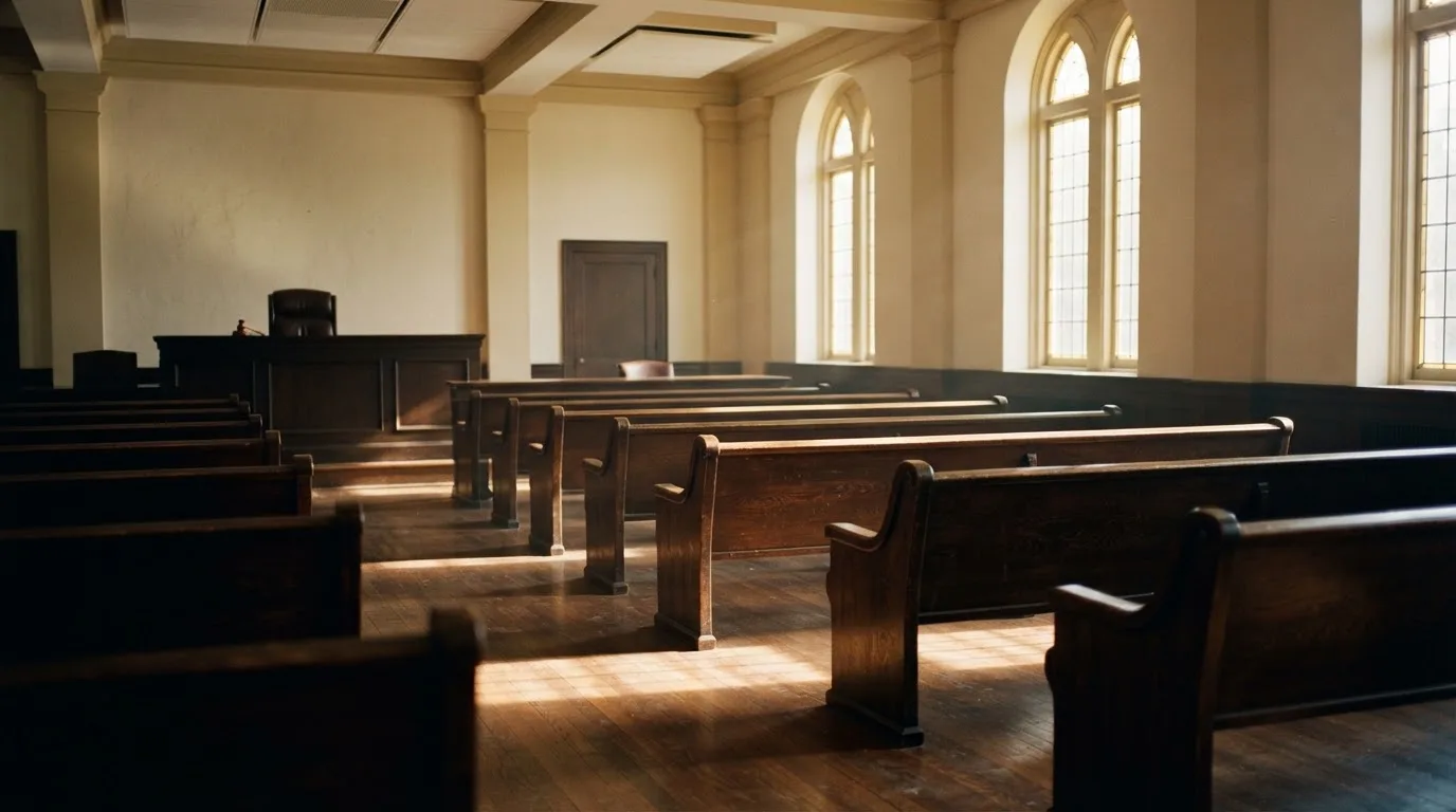 Een lege rechtszaal met houten banken in het ochtendlicht
